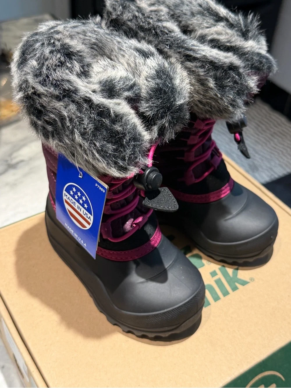 Kamik Children's Winter Snow Boots with Faux Fur Trim - Black & Plum